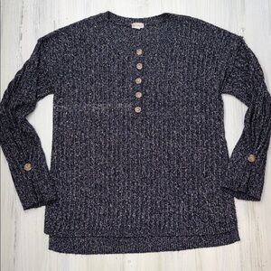 Hem & Thread Navy/Black & White Blended Knit Ribbed Button Crewneck Sweater Sz M